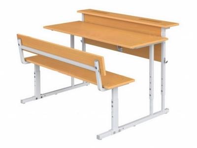 Парта школьная 2-местная 2-4 г/р с наклоном столешницы 0-35° регулируемая с полкой и скамьей  (бук, м/к серый, квадратная труба)
