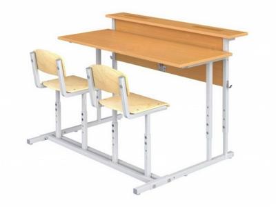 Парта школьная 2-местная 2-4 г/р с наклоном столешницы 0-35° регулируемая с полкой и стульями  (бук и фанера, м/к серый, квадратная труба)