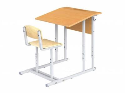 Парта школьная 1-местная 2-4 г/р с наклоном столешницы 10° регулируемая со стулом  (бук и фанера, м/к серый, квадратная труба)