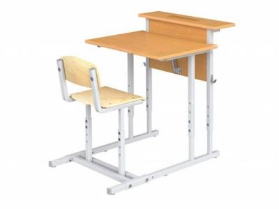 Парта школьная 1-местная 2-4 г/р с наклоном столешницы 0-35° регулируемая с полкой и стулом (бук и фанера, м/к серый, квадратная труба)