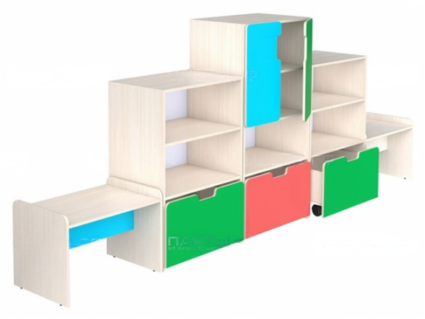 Стенка для группы детского сада для игрушек (набор 3) дуб молочный цветной