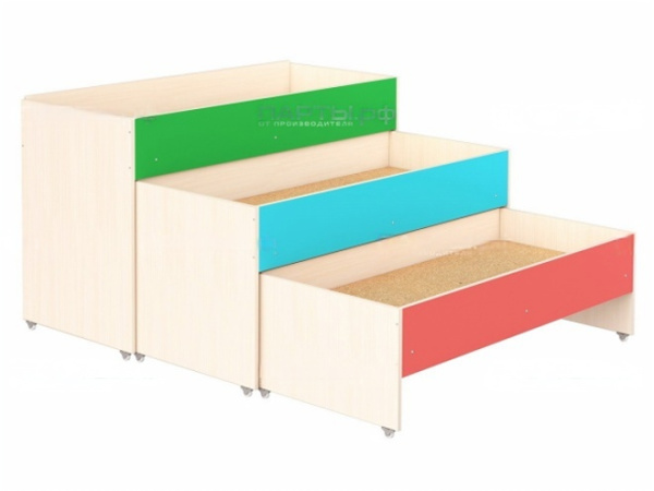 Кровать трехъярусная выкатная для детских садов высокая дуб молочный цветная
