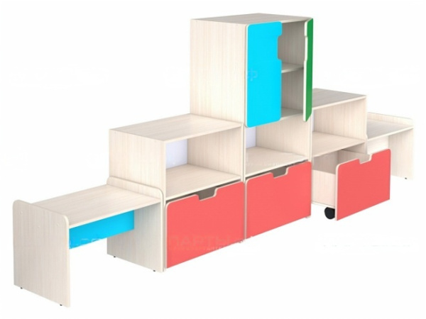 Стенка для группы детского сада для игрушек (набор 1) дуб молочный цветной