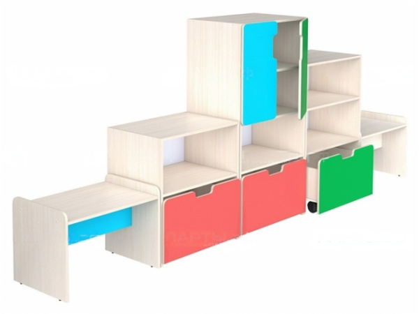Стенка для группы детского сада для игрушек (набор 4) дуб молочный цветной