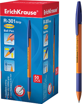 Ручка шариковая "R-301. Grip Orange" 1мм. синяя, резин держат., корпус оранж 