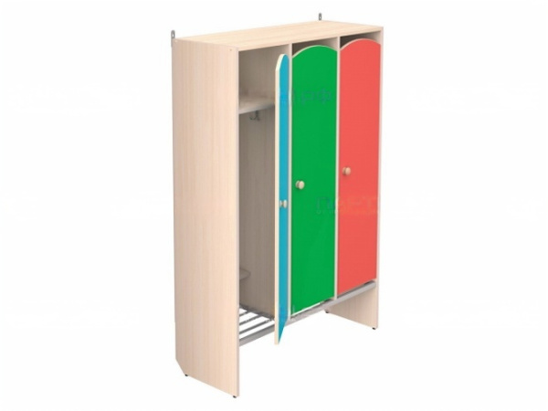 Шкафчик для детского сада для раздевалок 3-секционный с полкой-решеткой дуб молочный цветной