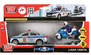 Машина LADA VESTA Полиция 12см, инерционная.+ Мотоцикл с фигуркой 